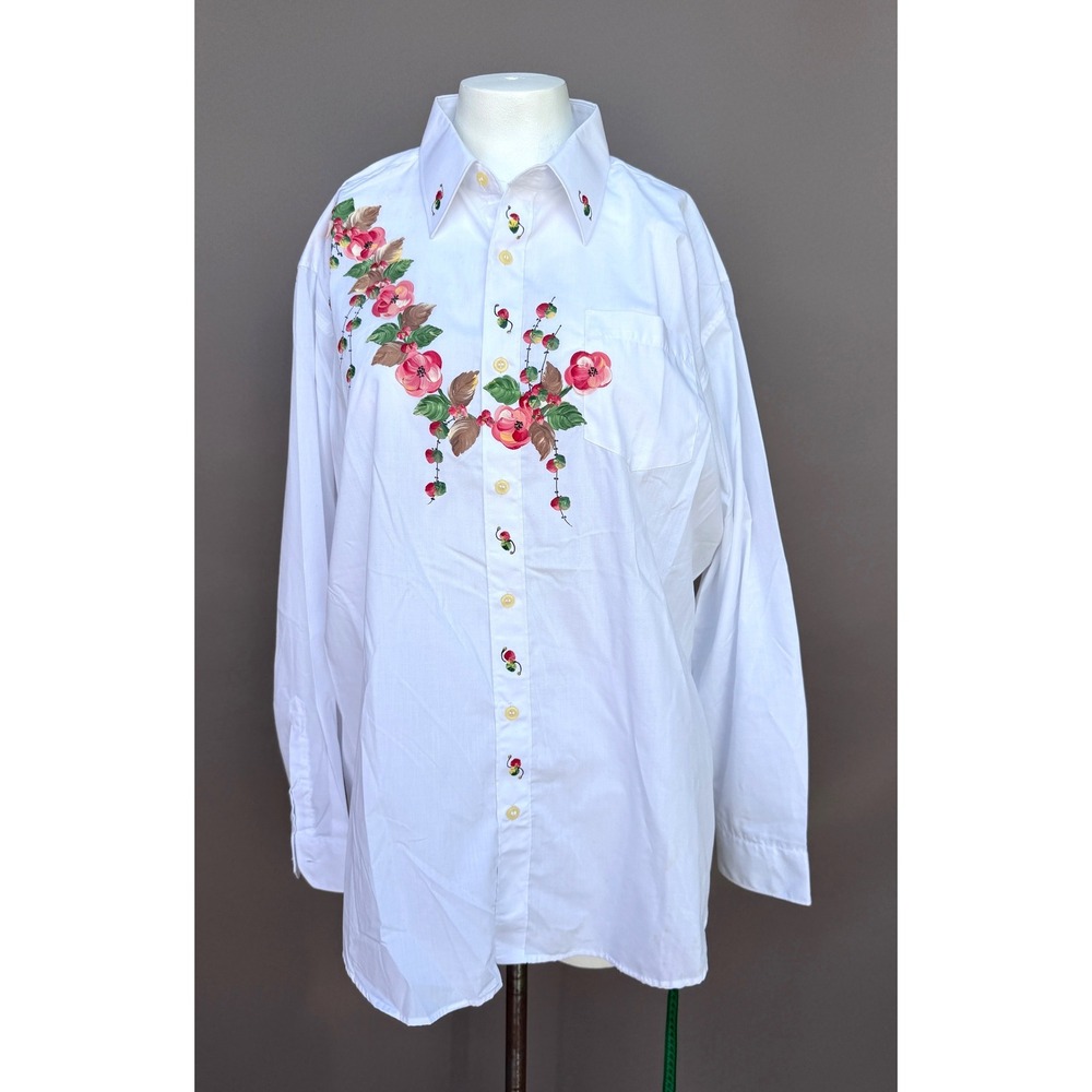 Vintage Hand Painted Floral Button Down Shirt XL White Cottagecore Whimsy Artsy